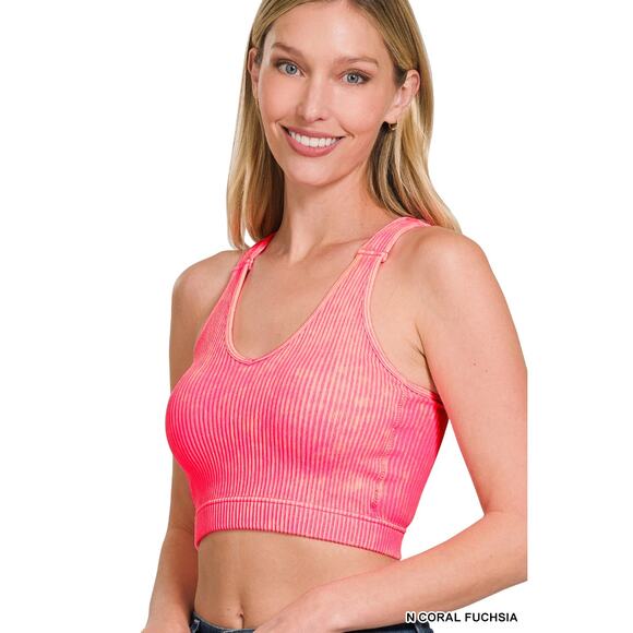 ROSLYN NEON CORAL FUCHSIA WASHED RIBBED CROPPED SEAMLESS BRA PADDED TANK TOP - Picture 1 of 2